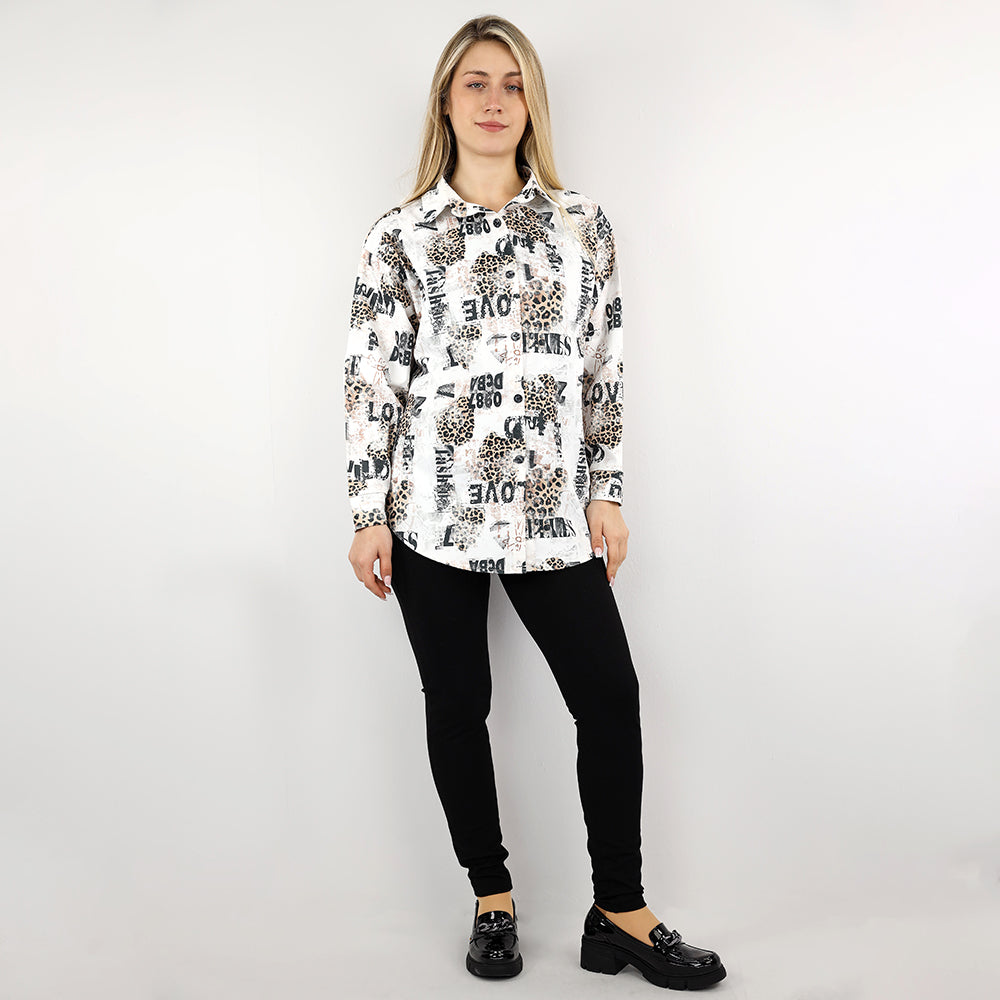 Bold Leopard & Typography Relaxed Long Sleeve Shirt