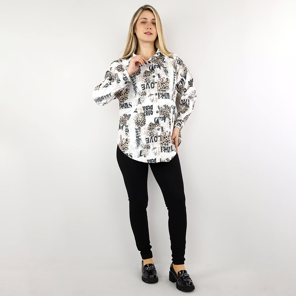 Bold Leopard & Typography Relaxed Long Sleeve Shirt