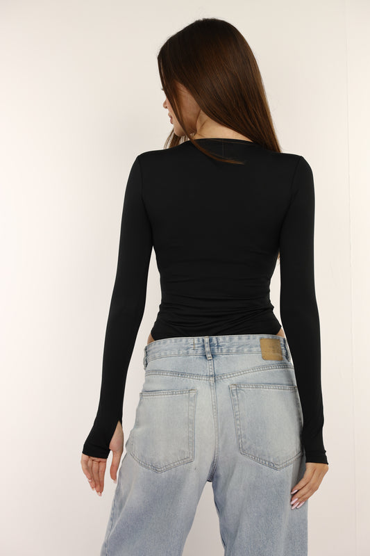Black Bodysuit Long Sleeves Top Finger Hole