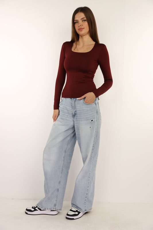 Burgundy Squared Neck Long Sleeve Top