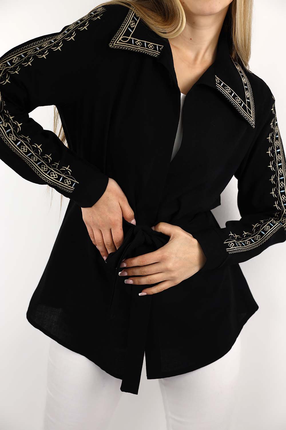 Belted Embellished Relaxed Blouse