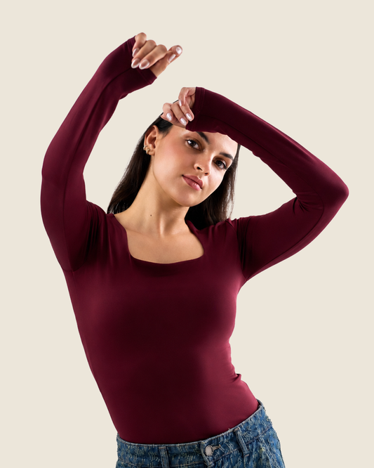Squared Neck Long Sleeve Top - Burgundy