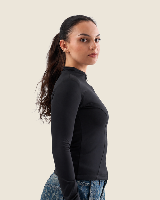 Black Fitted Mock Neck Zip Up Jacket – Finger Hole