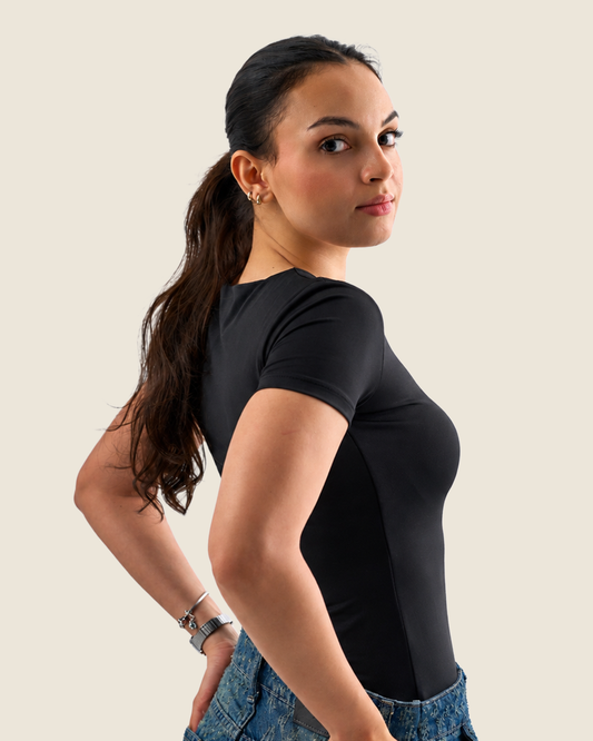 Squared Neck Short Sleeve Top - Black