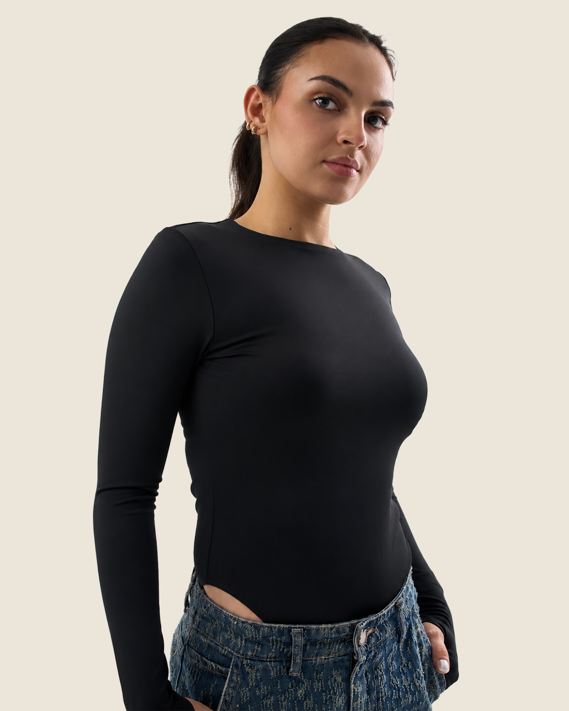 Black Bodysuit Long Sleeves Top – Finger Hole