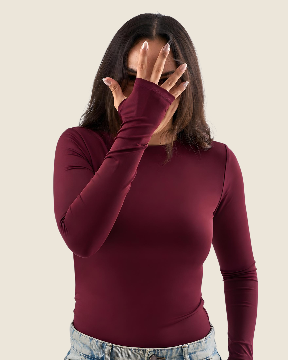 Crewneck Long Sleeve Top with Thumbhole - Burgundy