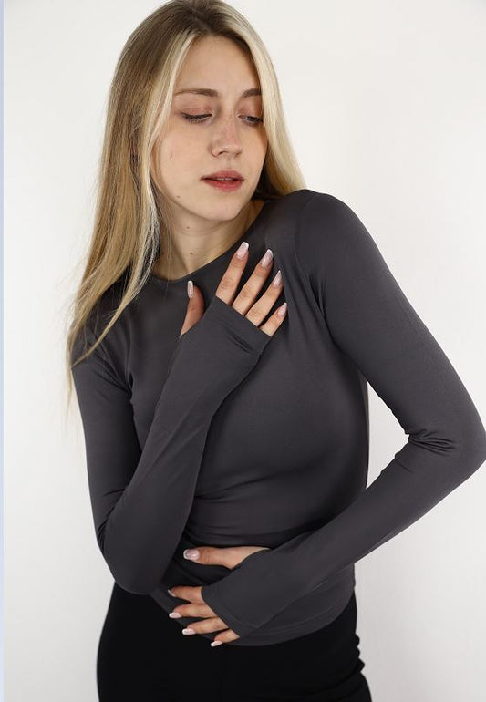 Charcoal Long Sleeve Top With Finger Hole