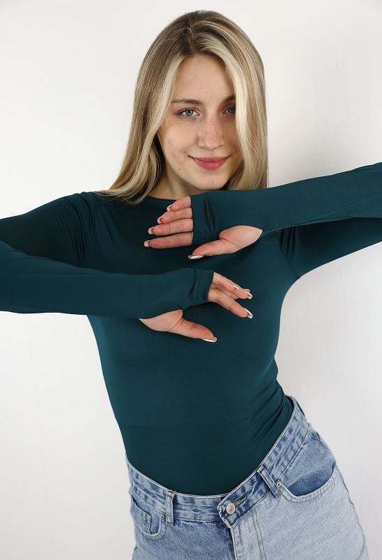 Teal Long Sleeve Top With Finger Hole