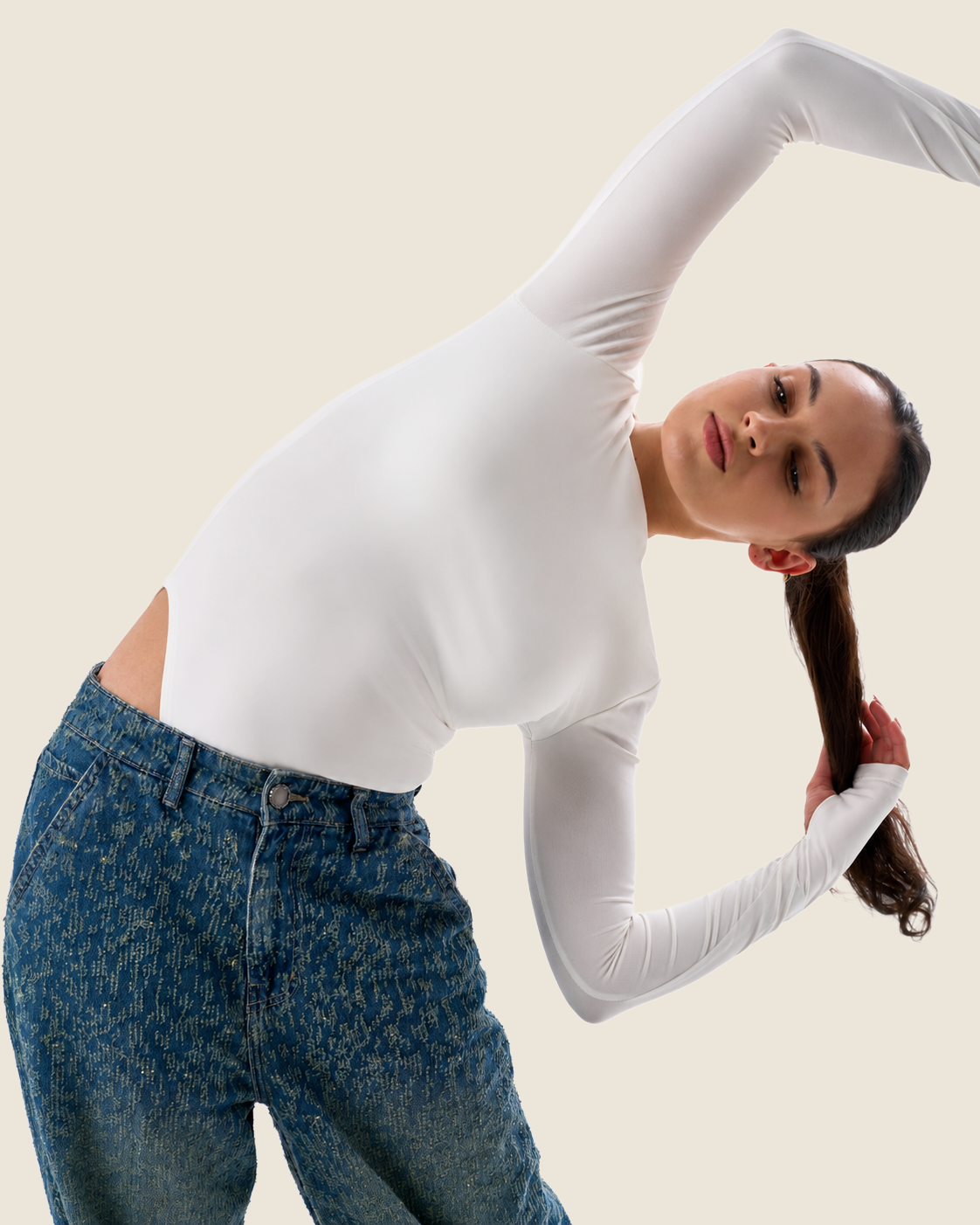High Neck Bodysuit Long Sleeves Top – Finger Hole - Off-White