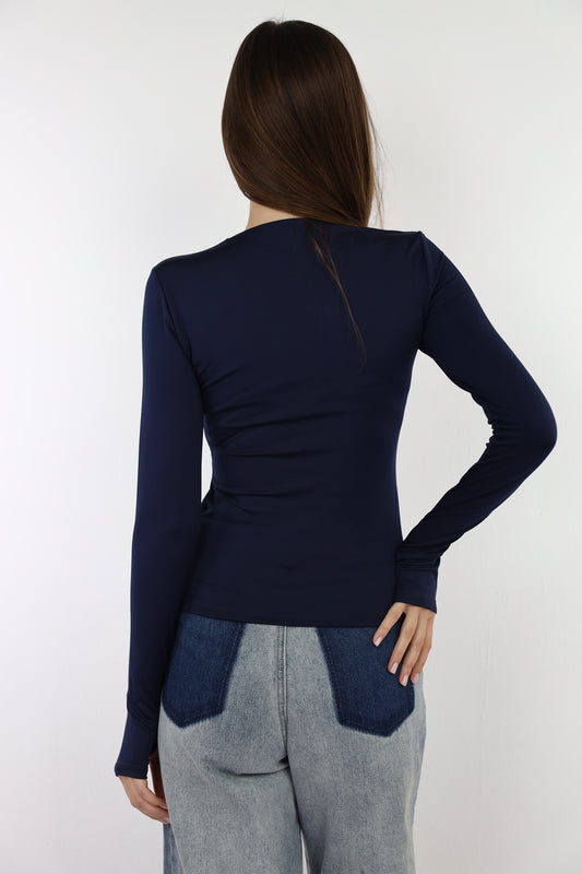Navy Blue Long Sleeve Top with Finger Hole