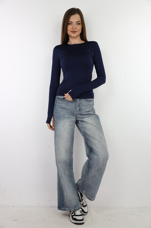 Navy Blue Long Sleeve Top with Finger Hole