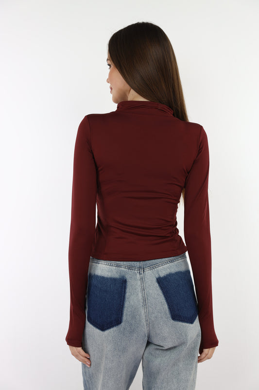 Burgundy Fitted Zip Up Jacket With Finger-Holes