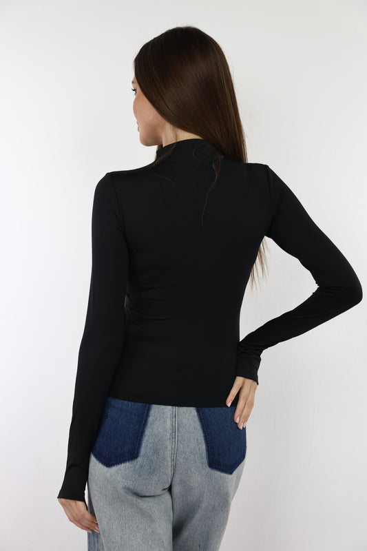 Black Turtle Neck Long Sleeve Top With Finger-Holes