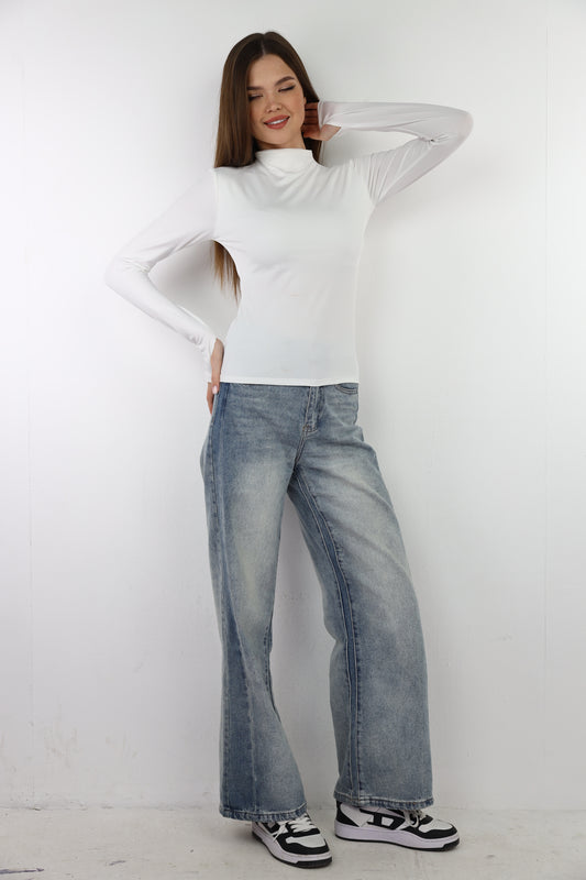 Off-White Turtle Neck Long Sleeve Top With Finger-Holes