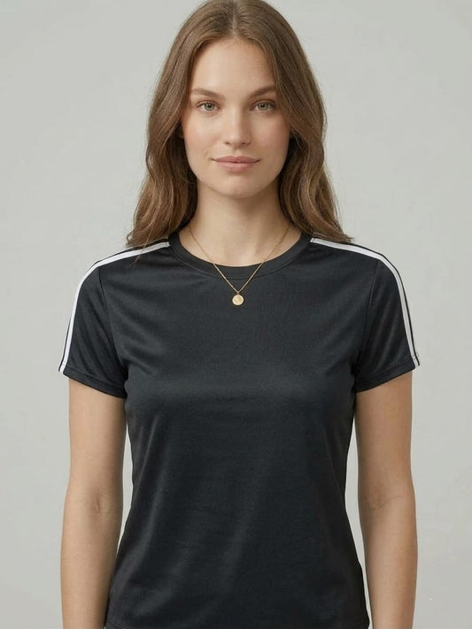 Black Crewneck Short Sleeve T-Shirt with Shoulder Stripes