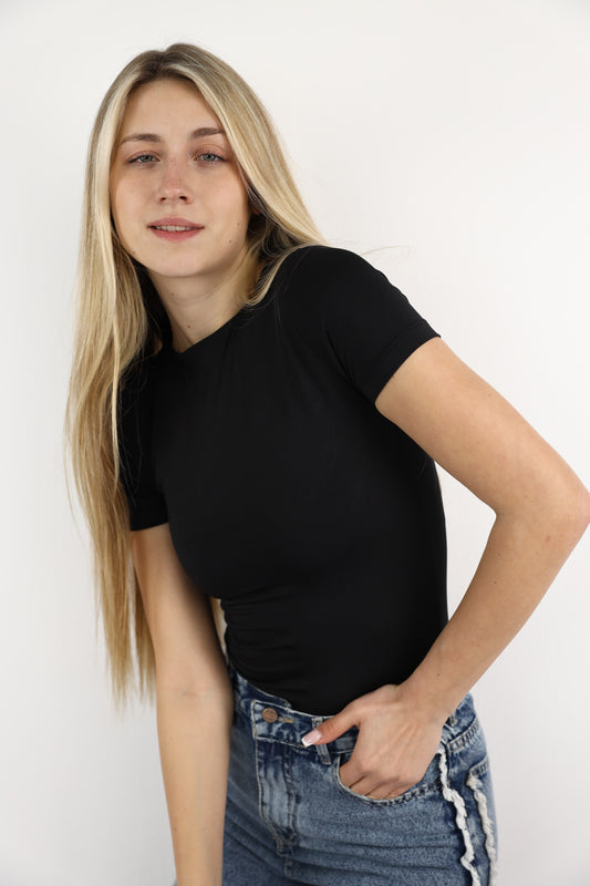 Black Crewneck Short Sleeve Top
