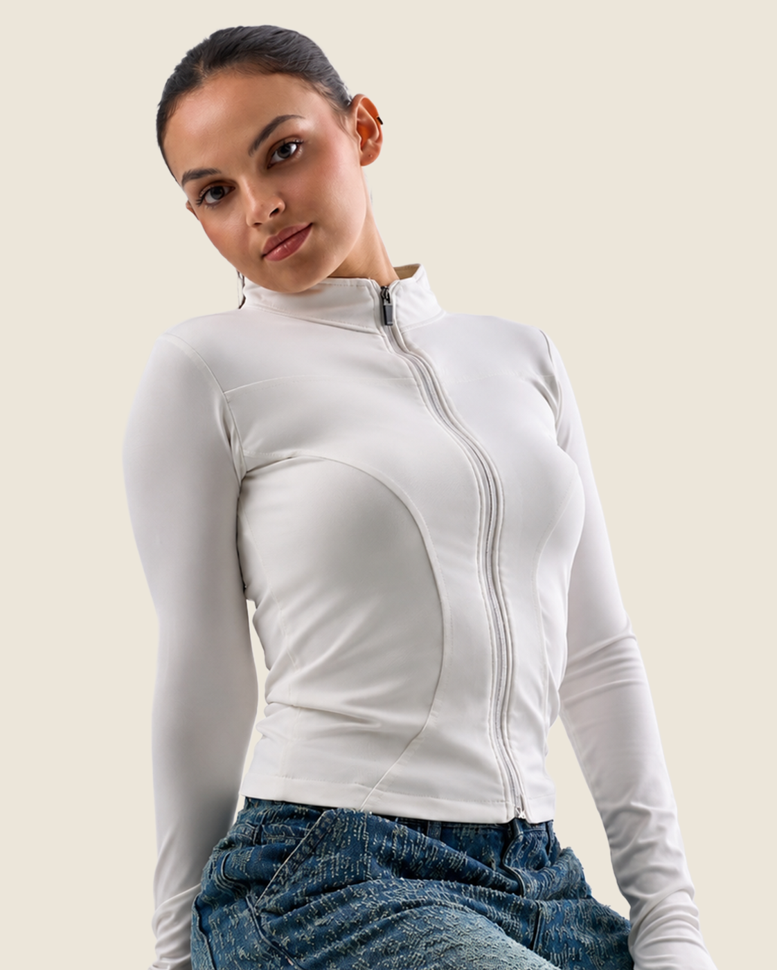 Off-White Fitted Mock Neck Zip Up Jacket – Finger Hole