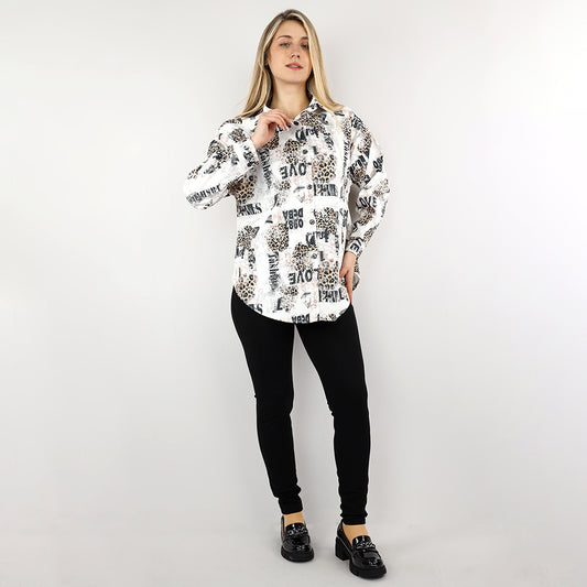 Bold Leopard & Typography Relaxed Long Sleeve Shirt