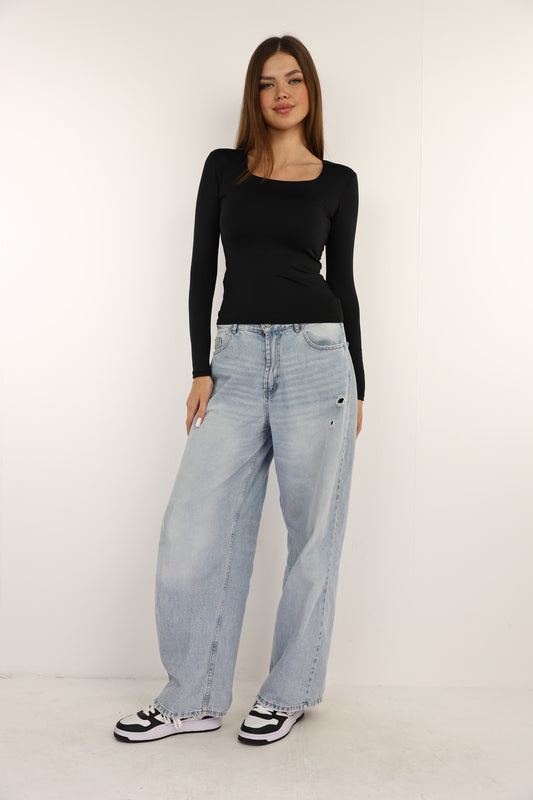 Black Squared Neck Long Sleeve Top