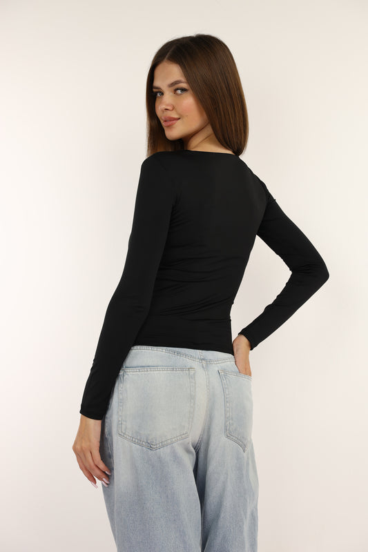 Black Squared Neck Long Sleeve Top