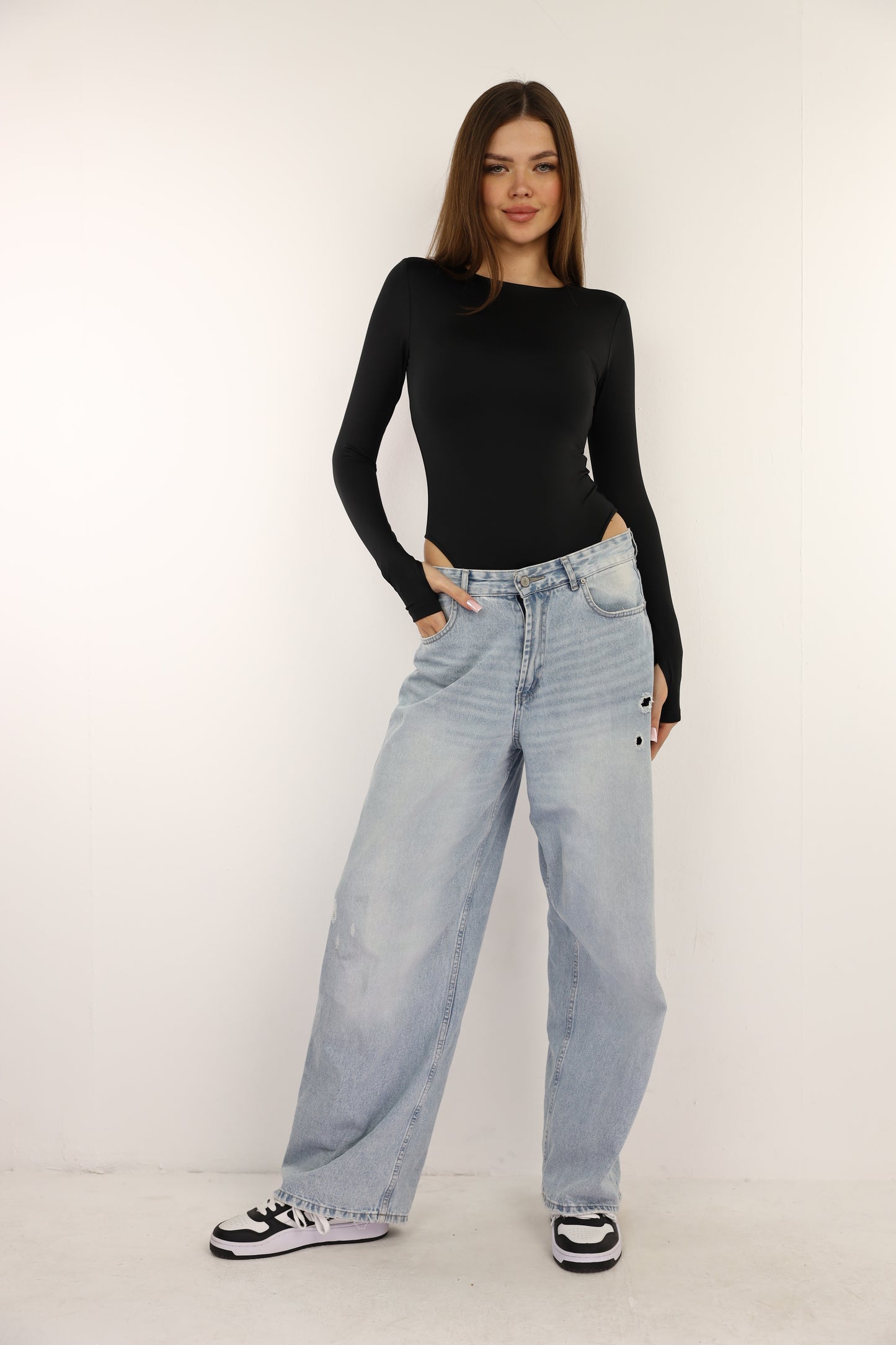 Black Bodysuit Long Sleeves Top Finger Hole