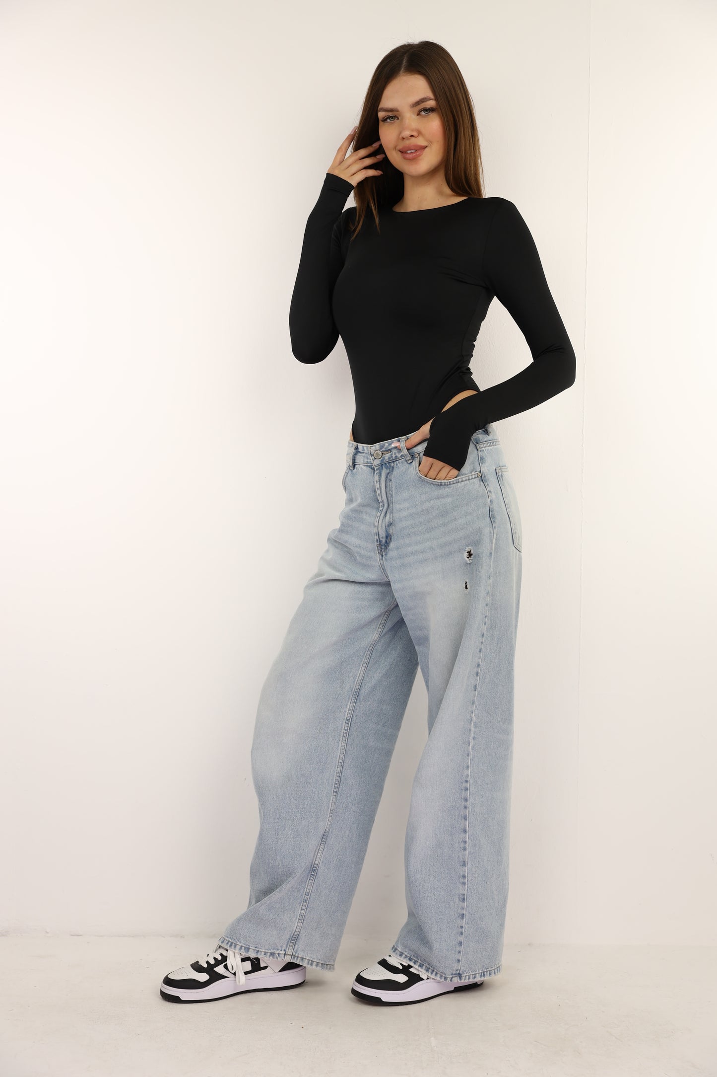 Black Bodysuit Long Sleeves Top Finger Hole