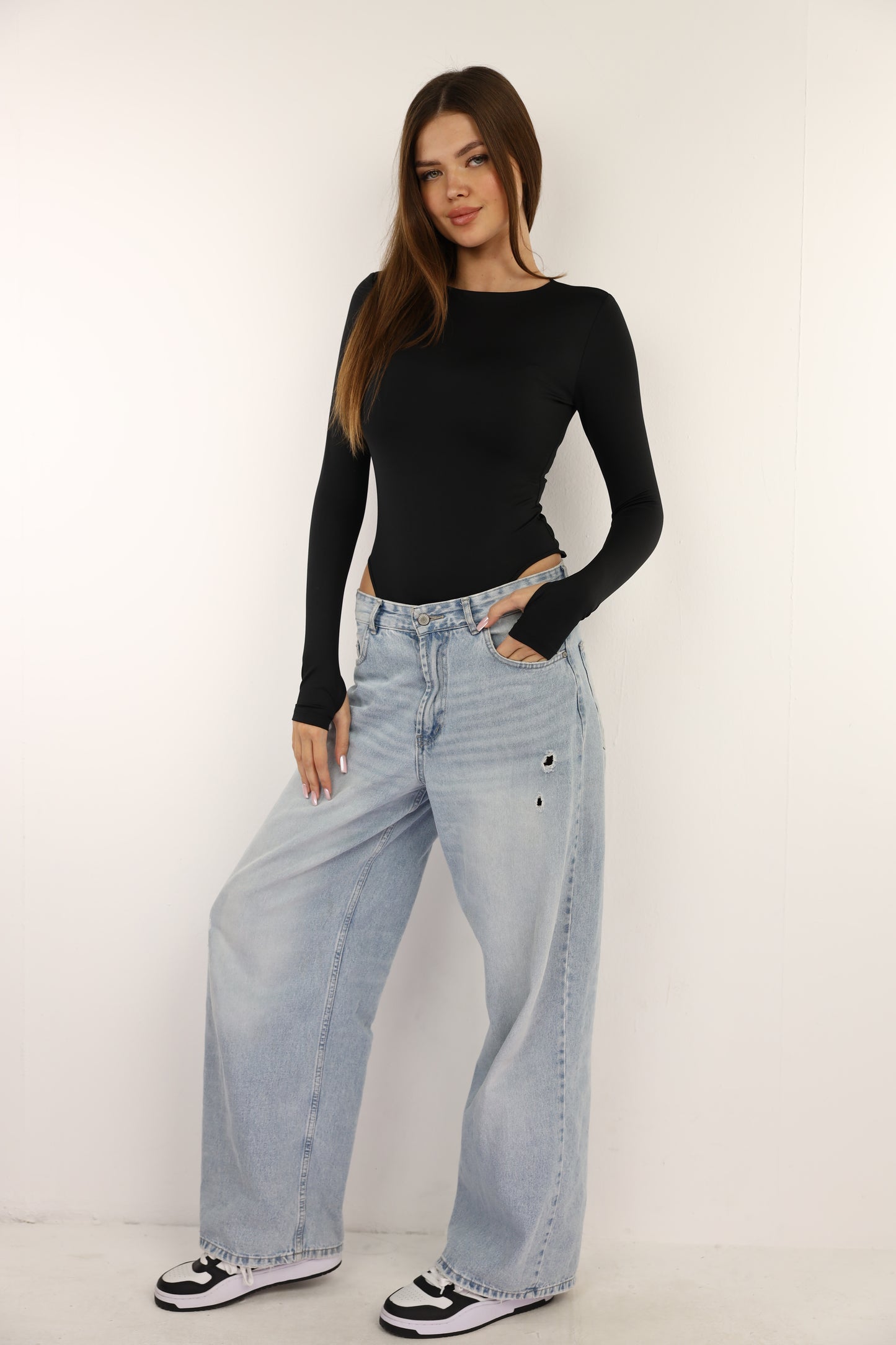 Black Bodysuit Long Sleeves Top Finger Hole