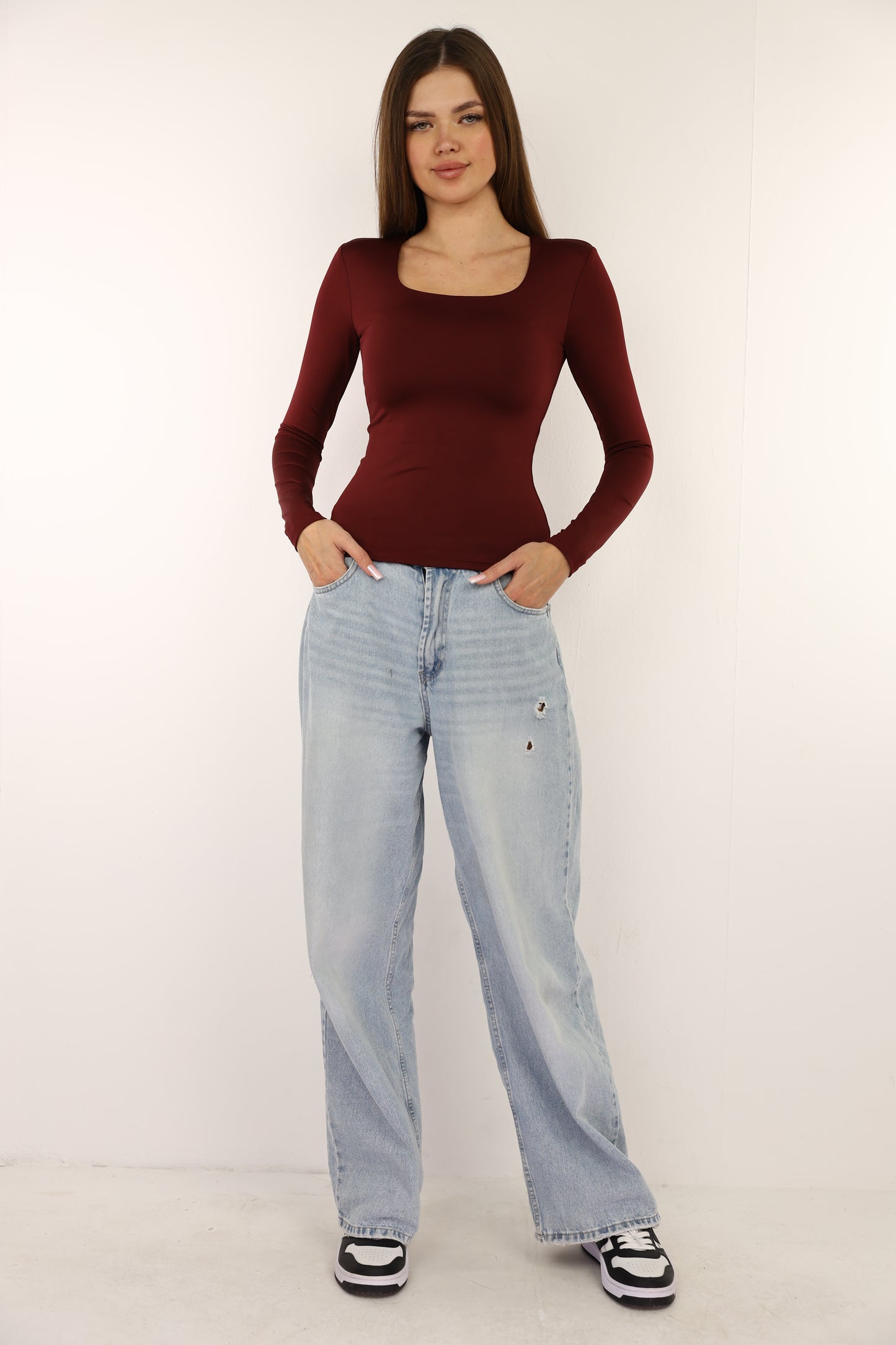 Burgundy Squared Neck Long Sleeve Top