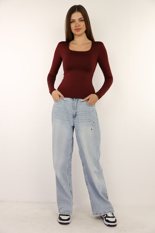 Burgundy Squared Neck Long Sleeve Top