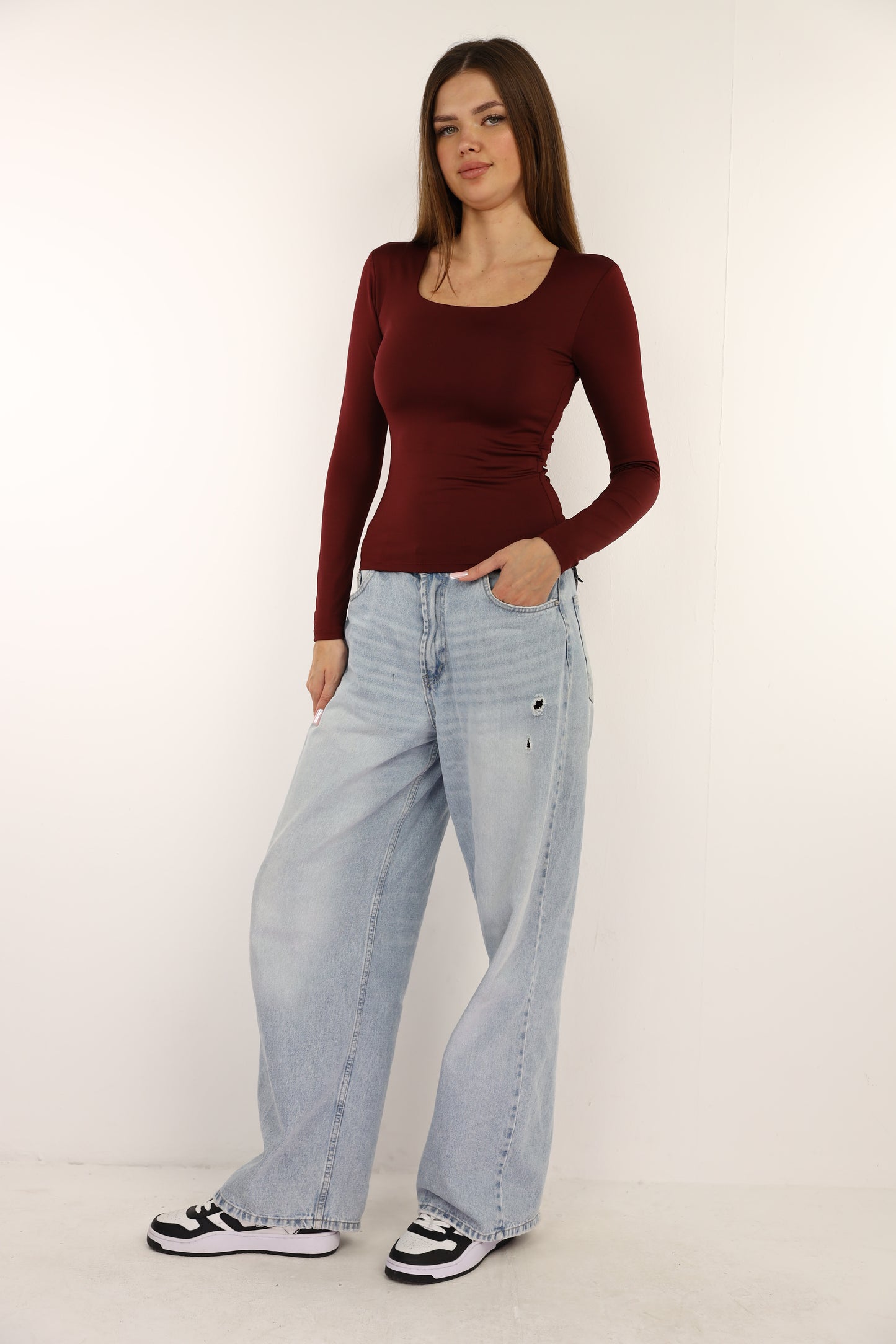 Burgundy Squared Neck Long Sleeve Top