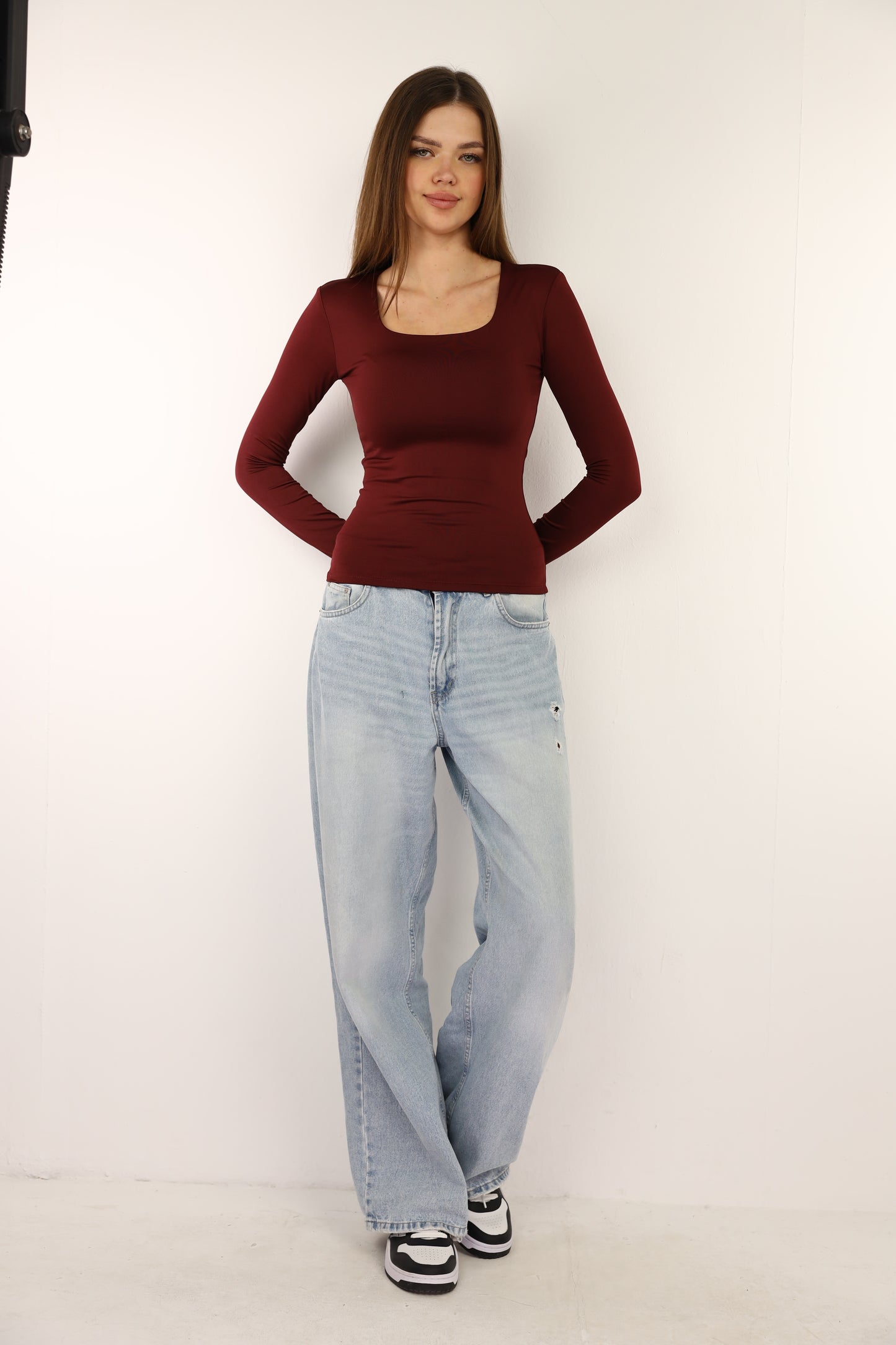 Burgundy Squared Neck Long Sleeve Top