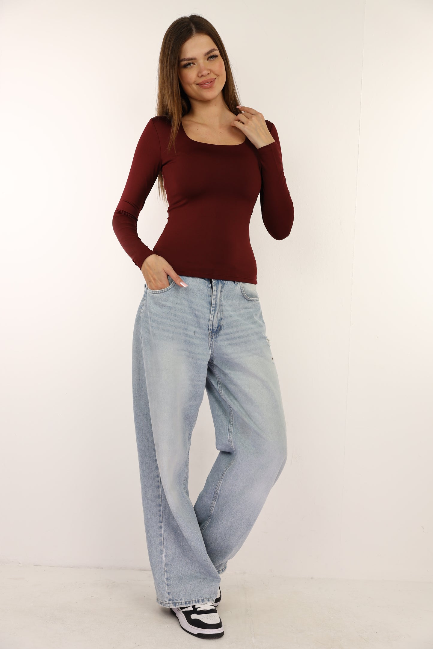Burgundy Squared Neck Long Sleeve Top
