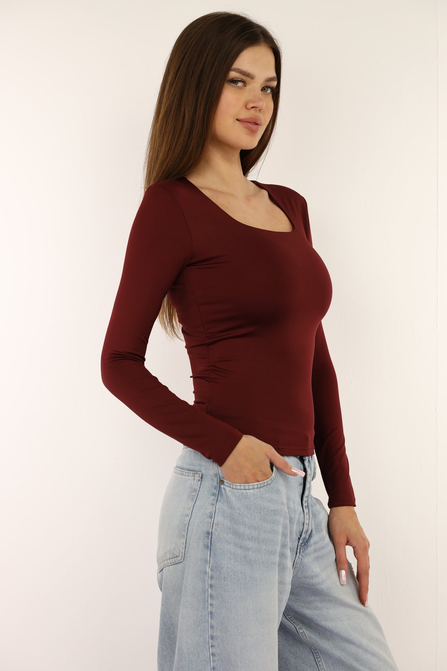 Burgundy Squared Neck Long Sleeve Top