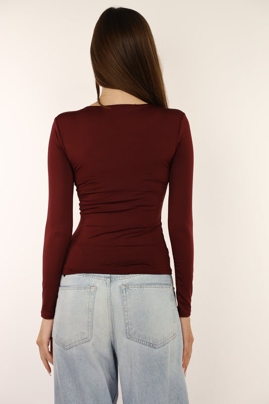 Burgundy Squared Neck Long Sleeve Top