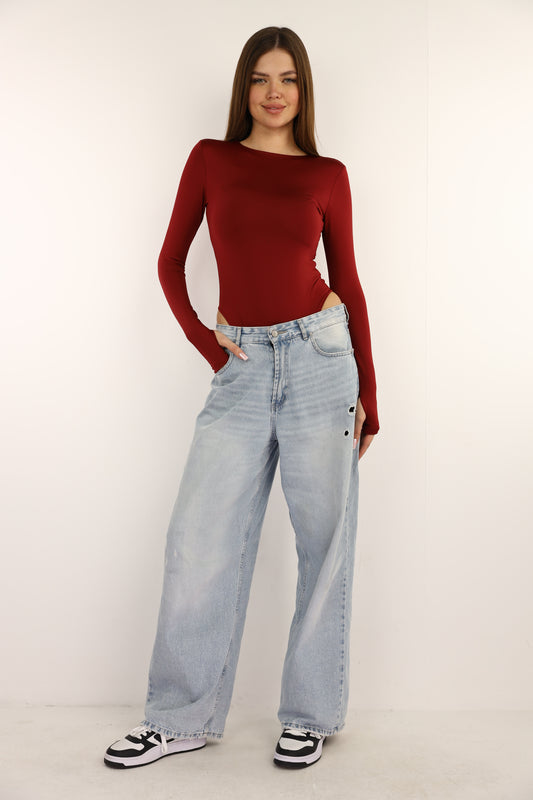 Maroon Bodysuit Long Sleeves Top Finger Hole