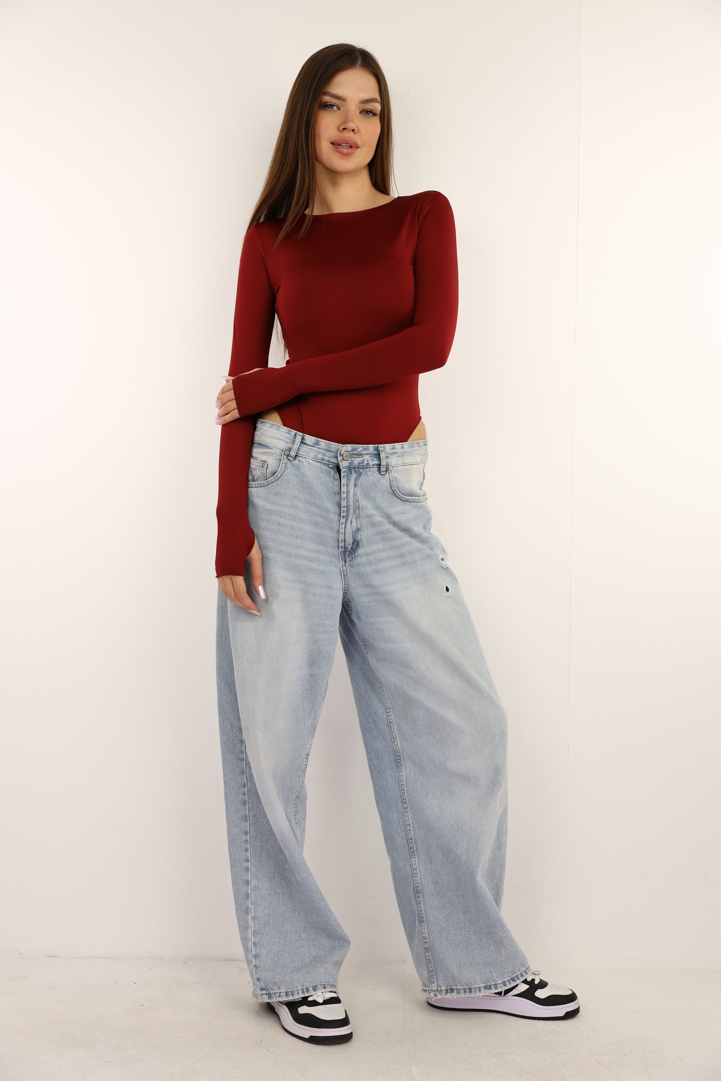 Maroon Bodysuit Long Sleeves Top Finger Hole