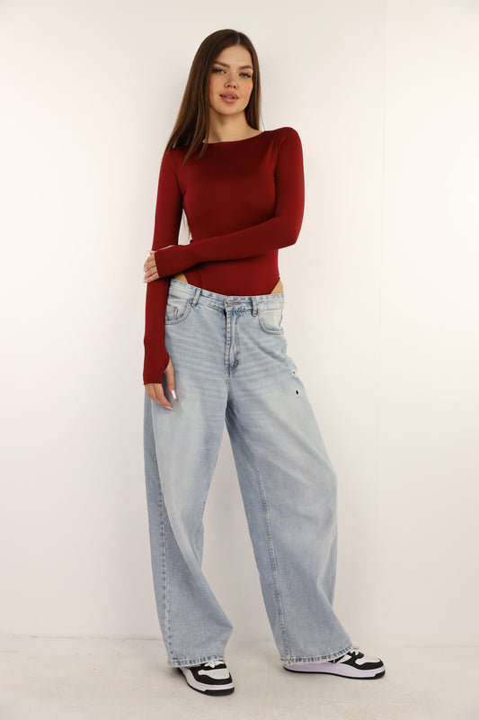 Maroon Bodysuit Long Sleeves Top Finger Hole