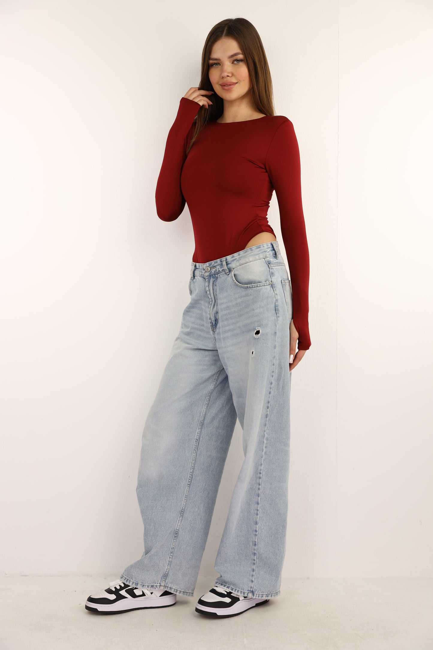 Maroon Bodysuit Long Sleeves Top Finger Hole