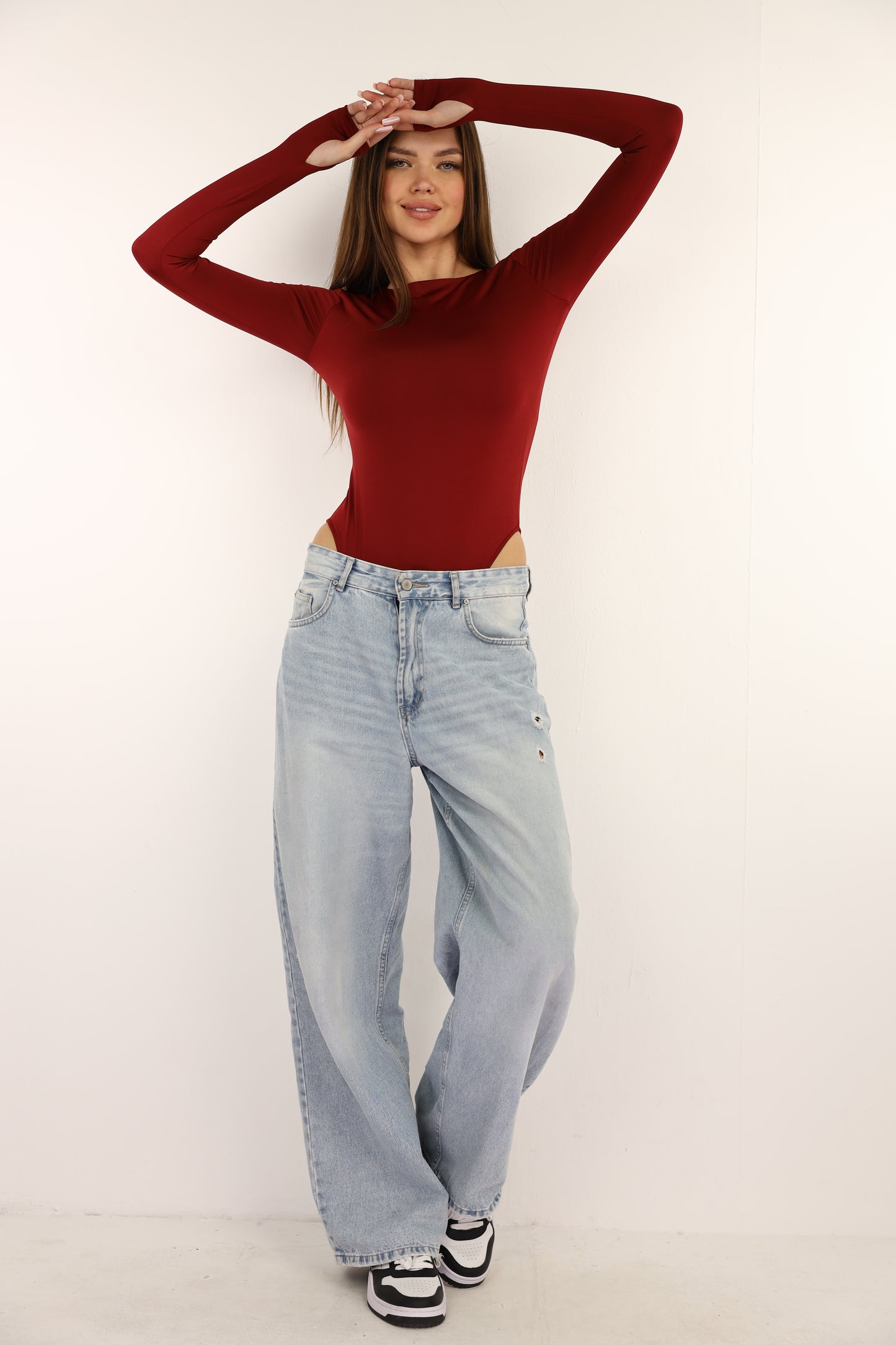 Maroon Bodysuit Long Sleeves Top Finger Hole