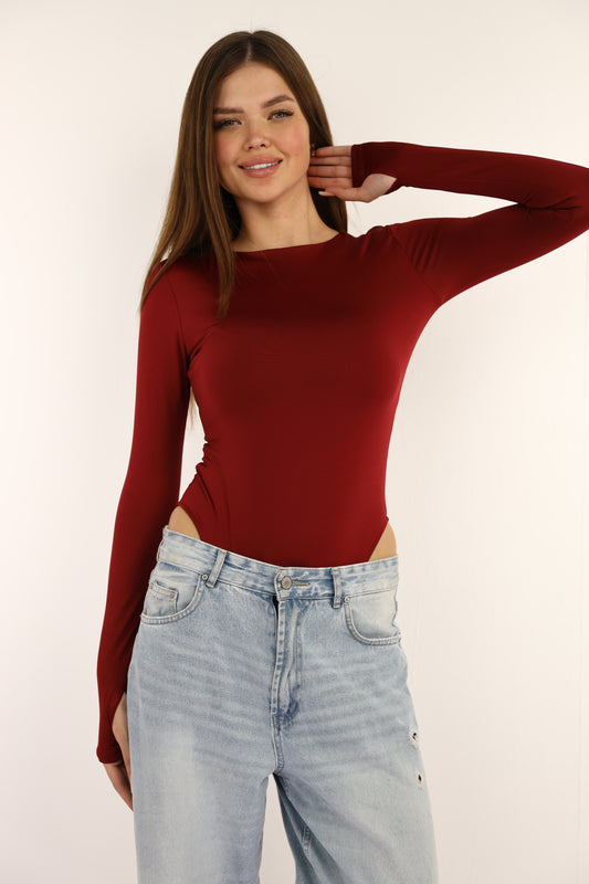Maroon Bodysuit Long Sleeves Top Finger Hole