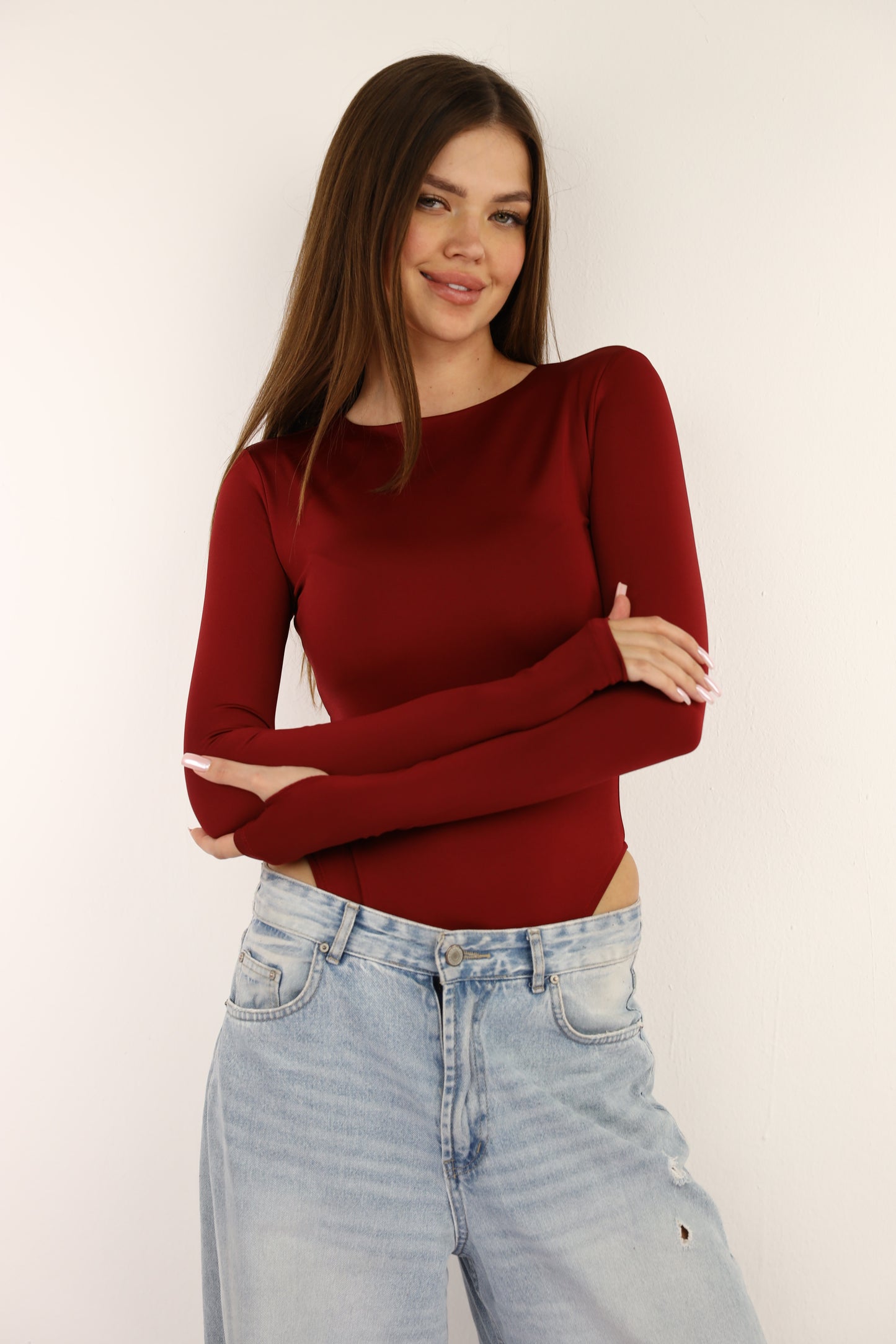 Maroon Bodysuit Long Sleeves Top Finger Hole