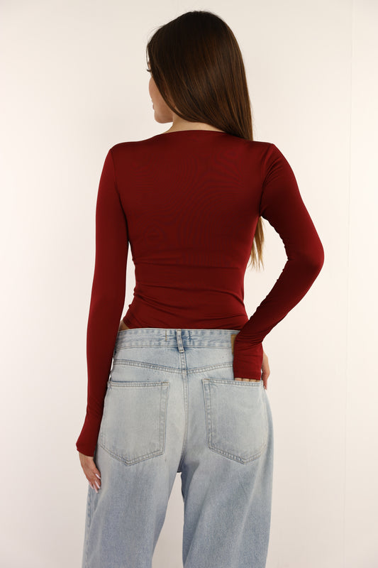 Maroon Bodysuit Long Sleeves Top Finger Hole