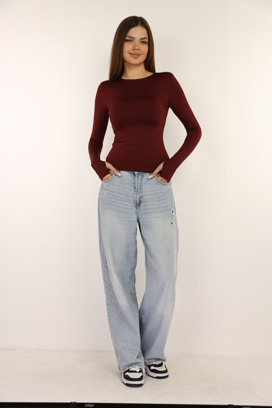 Burgundy Long Sleeve Top With Finger Hole