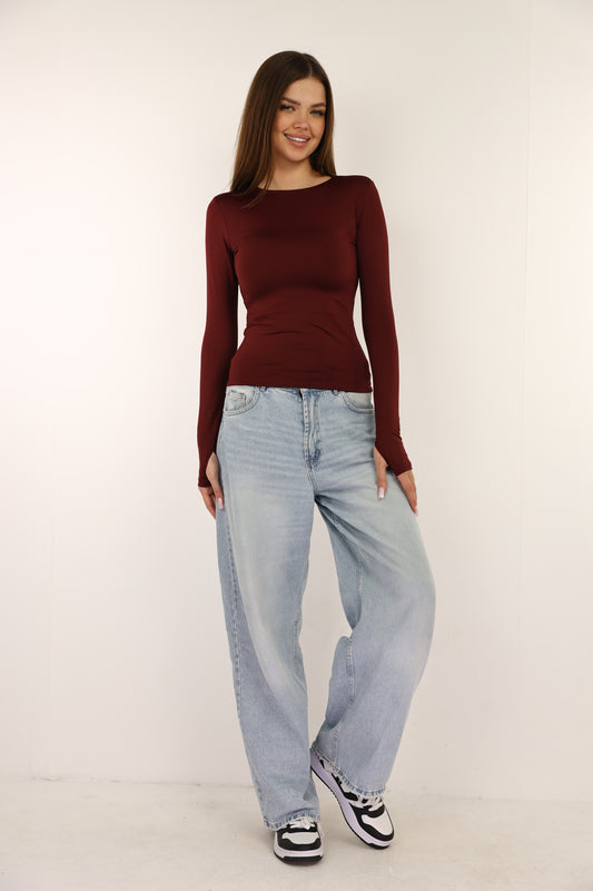 Burgundy Long Sleeve Top With Finger Hole