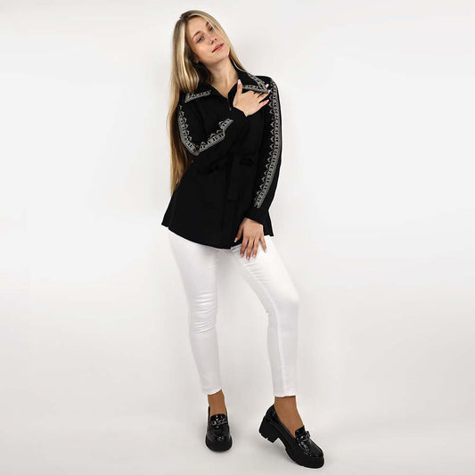 Belted Embellished Relaxed Blouse