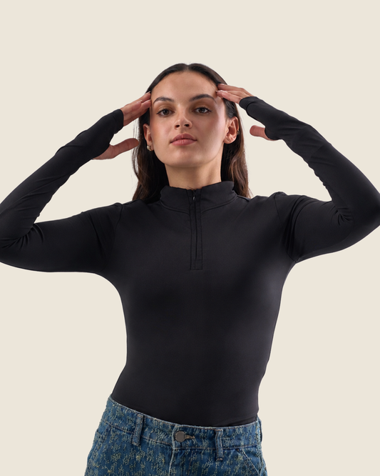 Black Zip Neck Long Sleeve Top – Finger Hole
