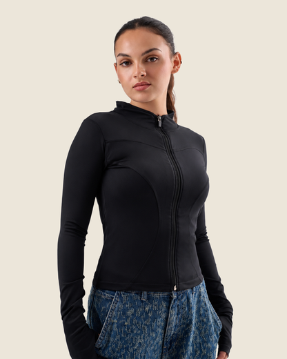Black Fitted Mock Neck Zip Up Jacket – Finger Hole