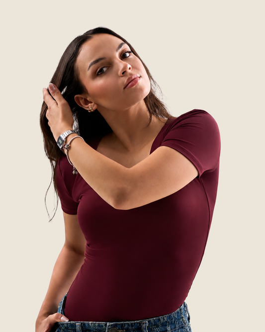 Squared Neck Short Sleeve Top - Burgundy