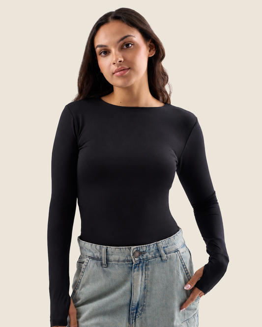 Crewneck Long Sleeve Top with Thumbhole - Black