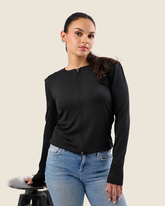 Black Classic Crew Neck Zip Up Jacket